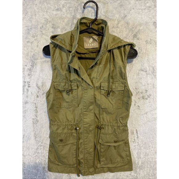 Le3No Olive Green Women's Utility Vest Size‎ S With Hood Cotton Cargo Preppy - Picture 1 of 12